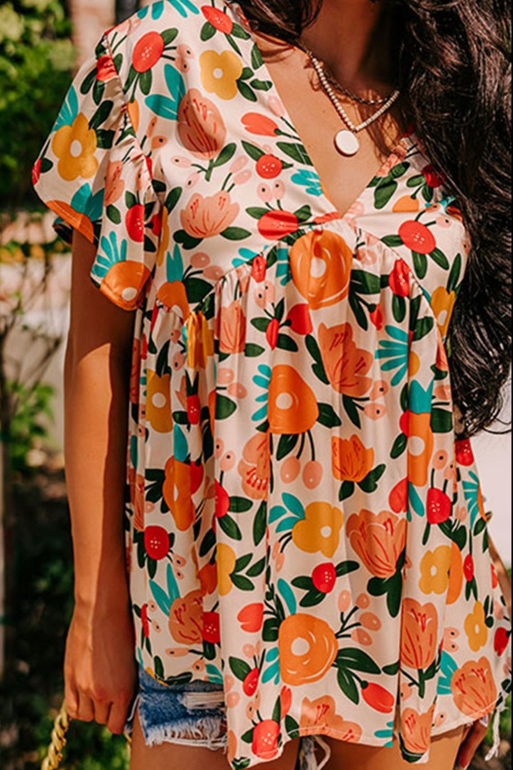 Printed V-Neck Short Sleeve Blouse