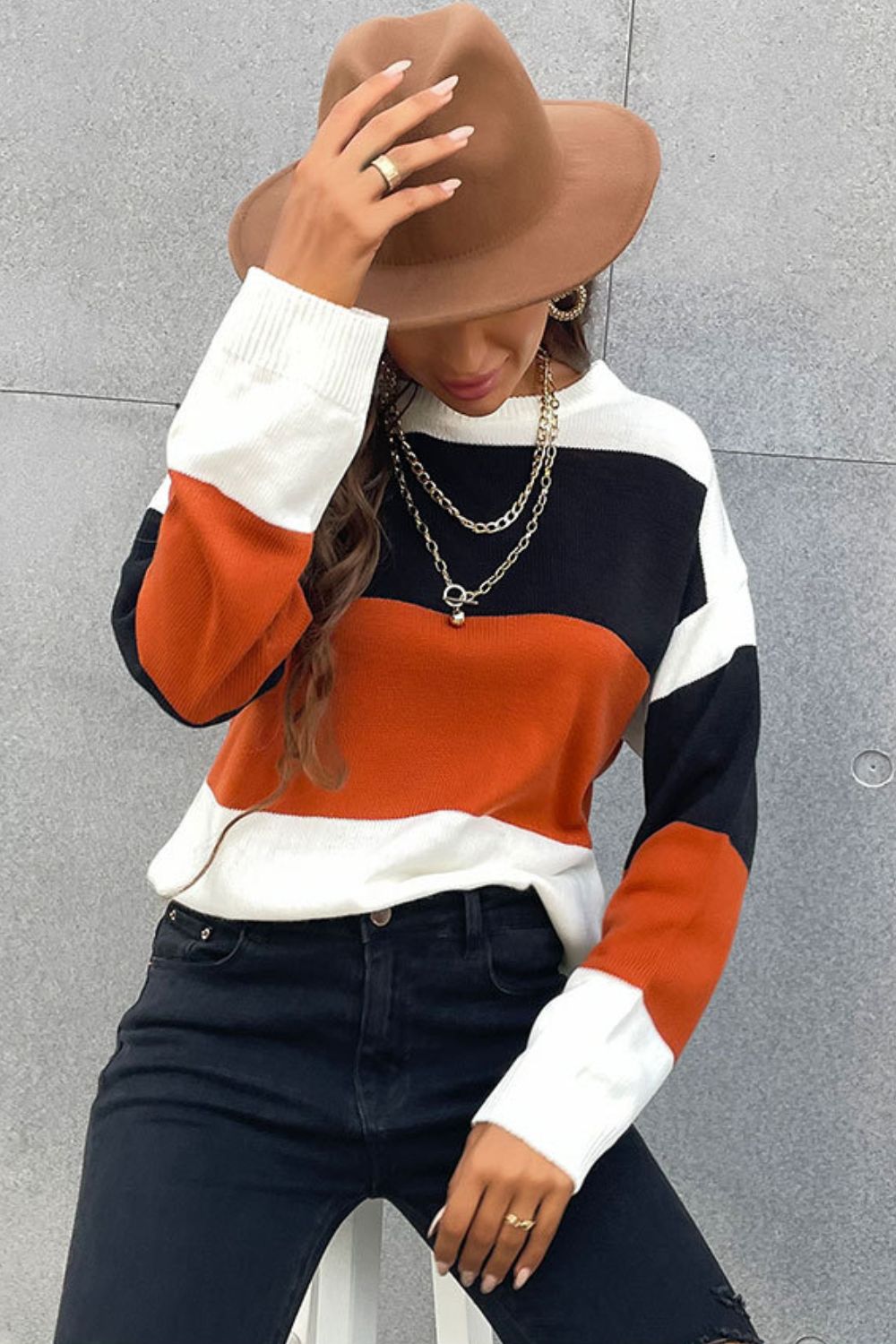 Perfee Longing For Fall Color Block Sweater