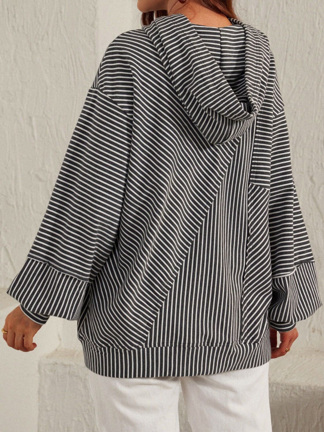 Slit Drawstring Striped Long Sleeve Hoodie