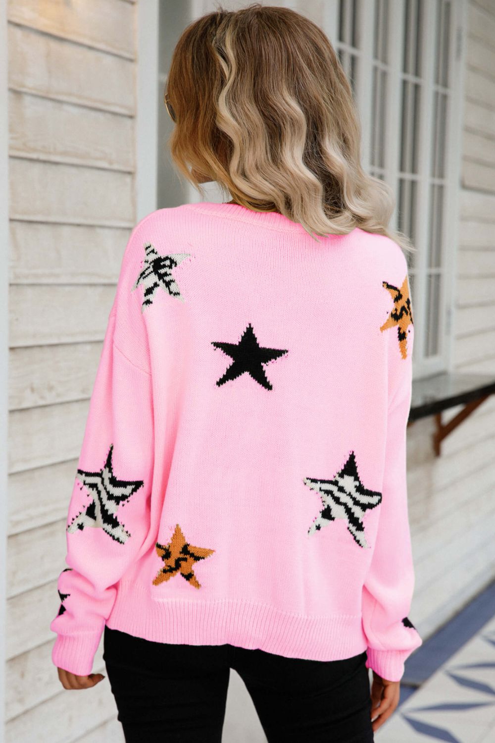 Angel Wings Star Pattern Round Neck Dropped Shoulder Sweater