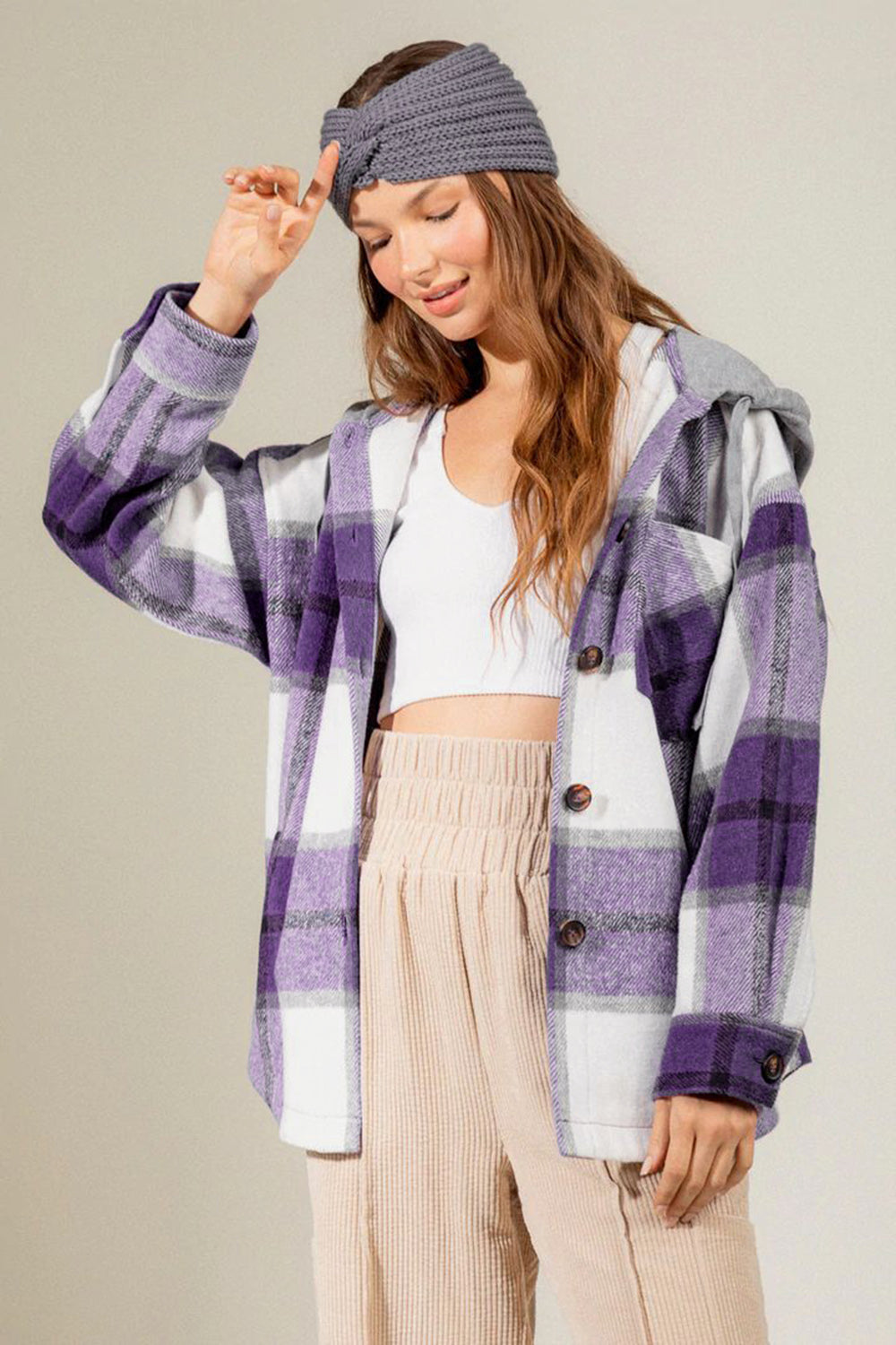 Drawstring Plaid Dropped Shoulder Hooded Shacket