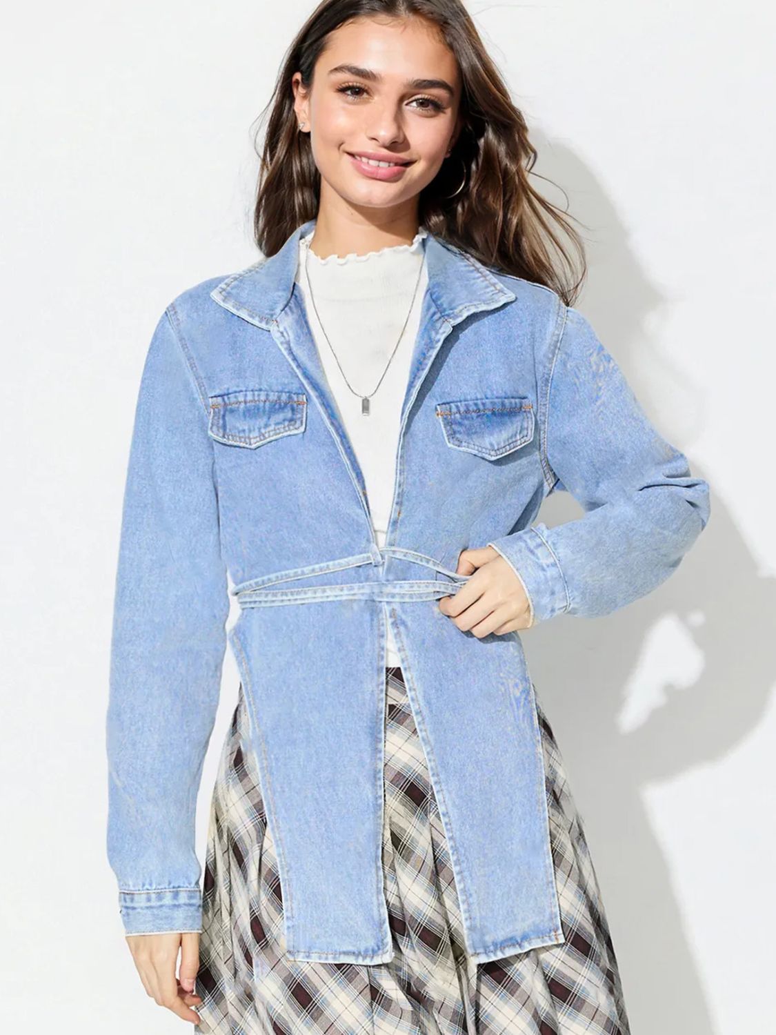 Asymmetric Slit Collared Neck Long Denim Top