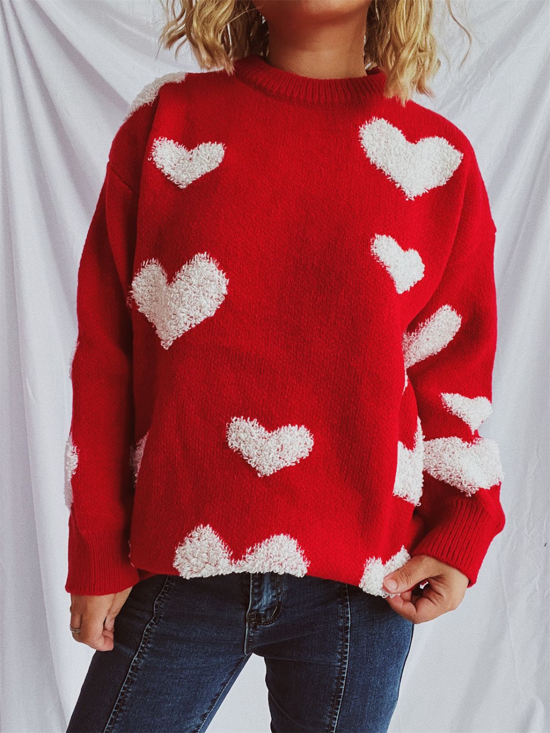 Heart Round Neck Dropped Shoulder Sweater