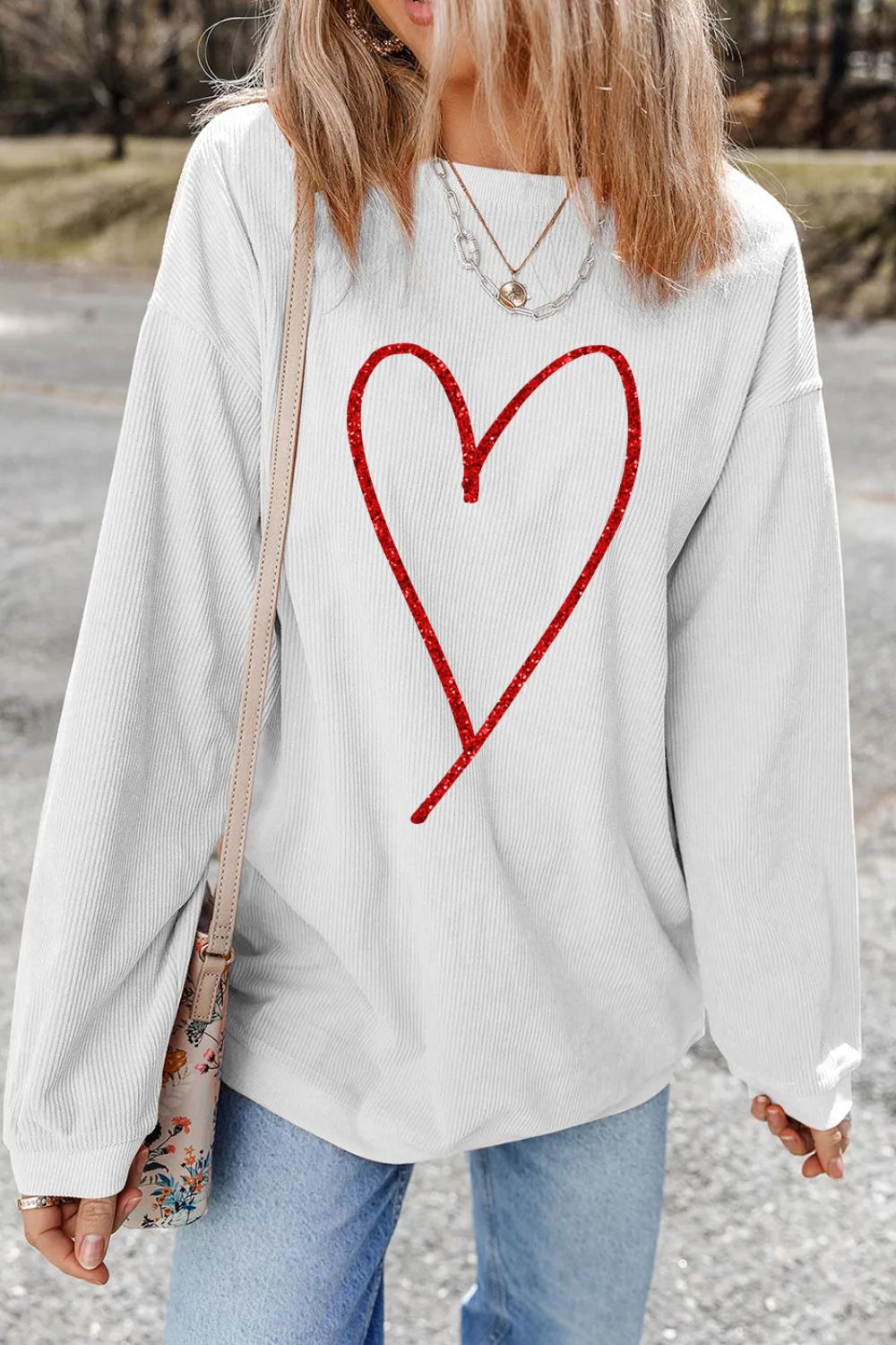 Valentine’s Day Glitter Heart Corded Sweatshirt