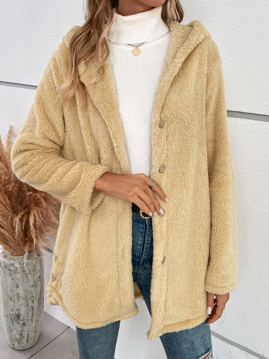 Fuzzy Button Up Hooded Jacket