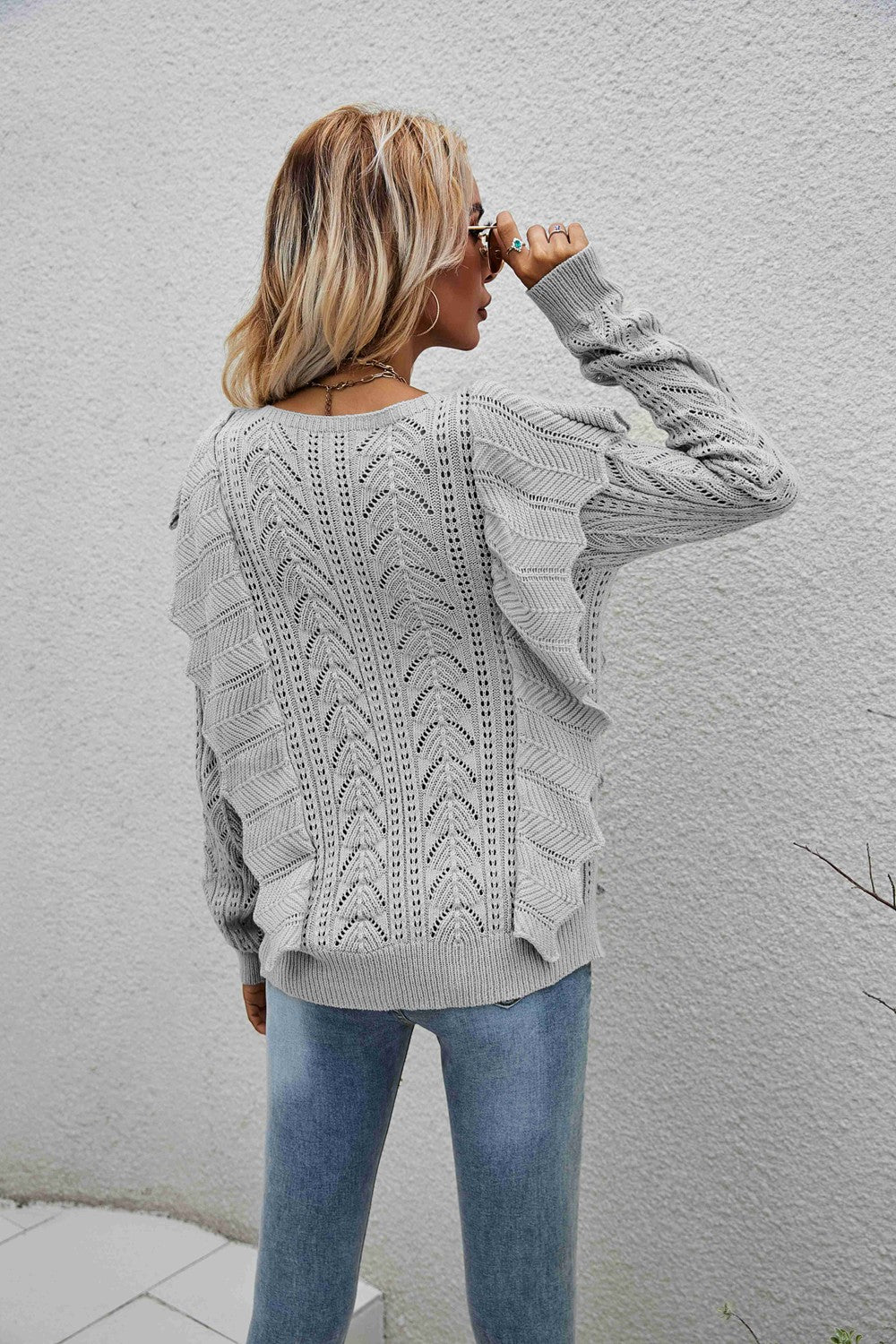 Angel Wings Openwork Round Neck Ruffled Sweater