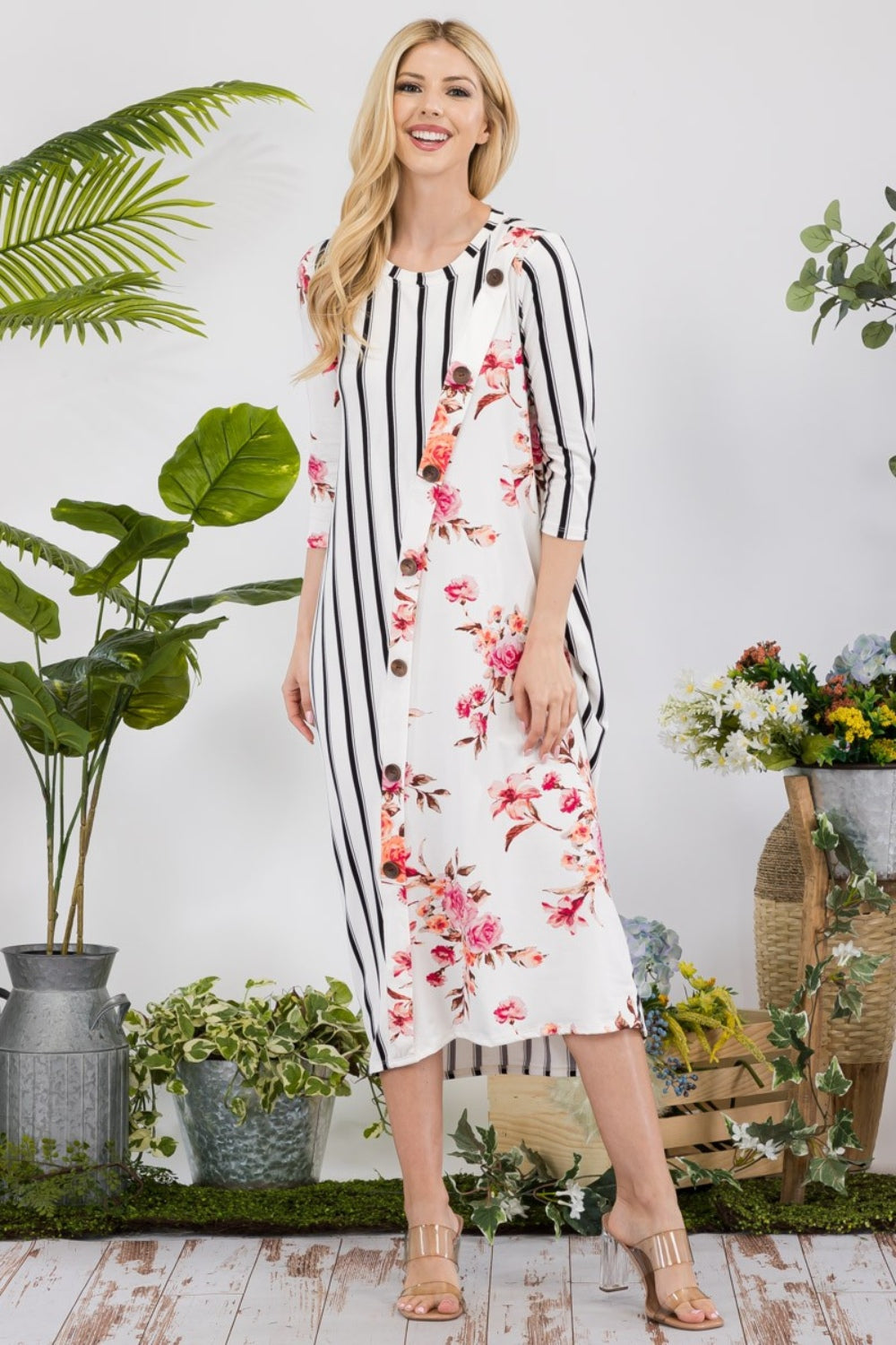 Celeste Full Size Floral Striped Contrast Midi-Dress with Pockets