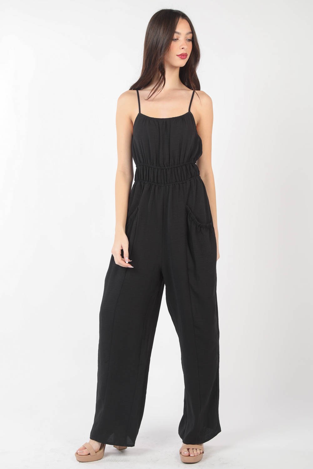 VERY J Pintuck Detail Woven Sleeveless Jumpsuit