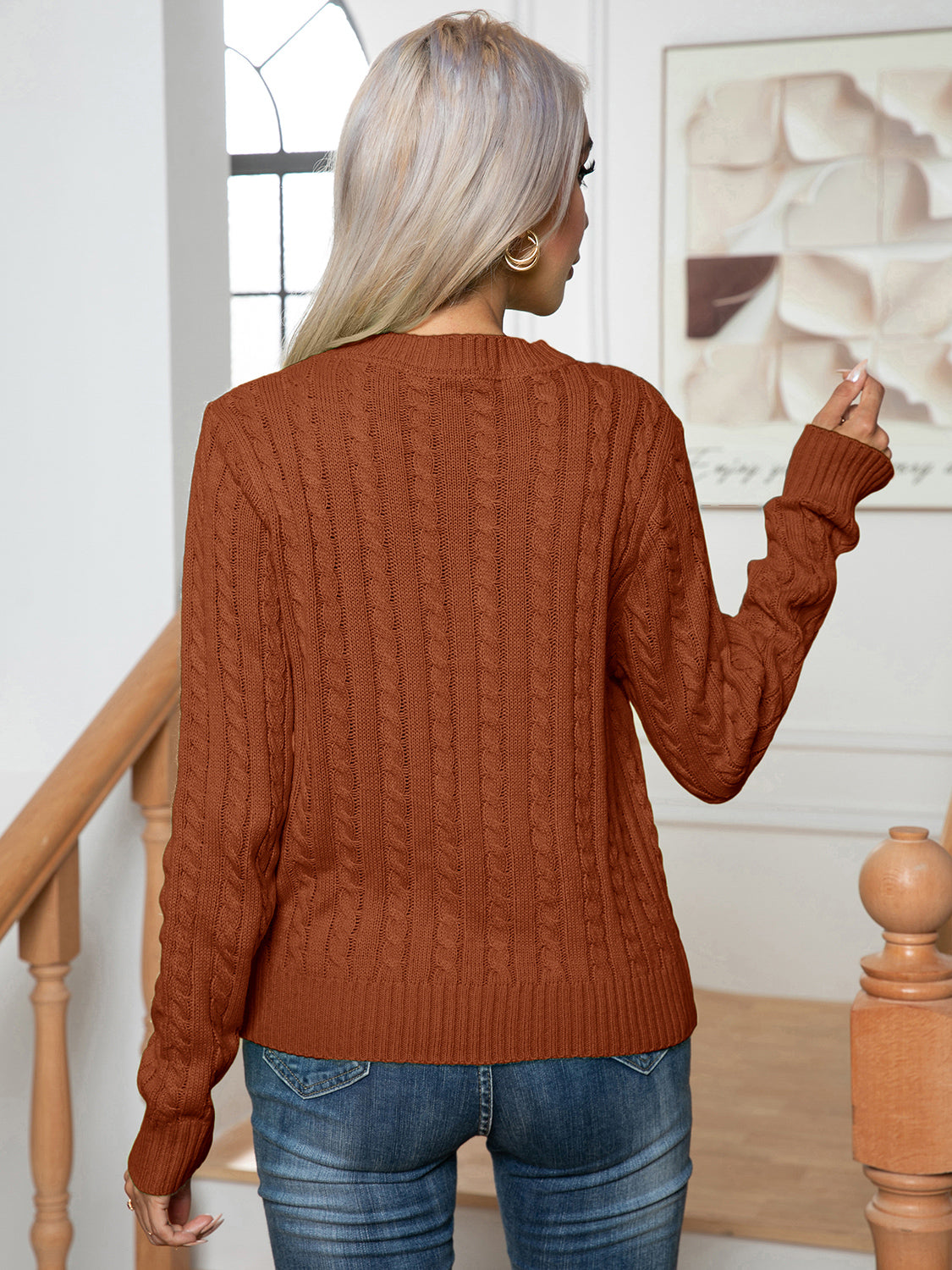 Cable-Knit Round Neck Long Sleeve Sweater