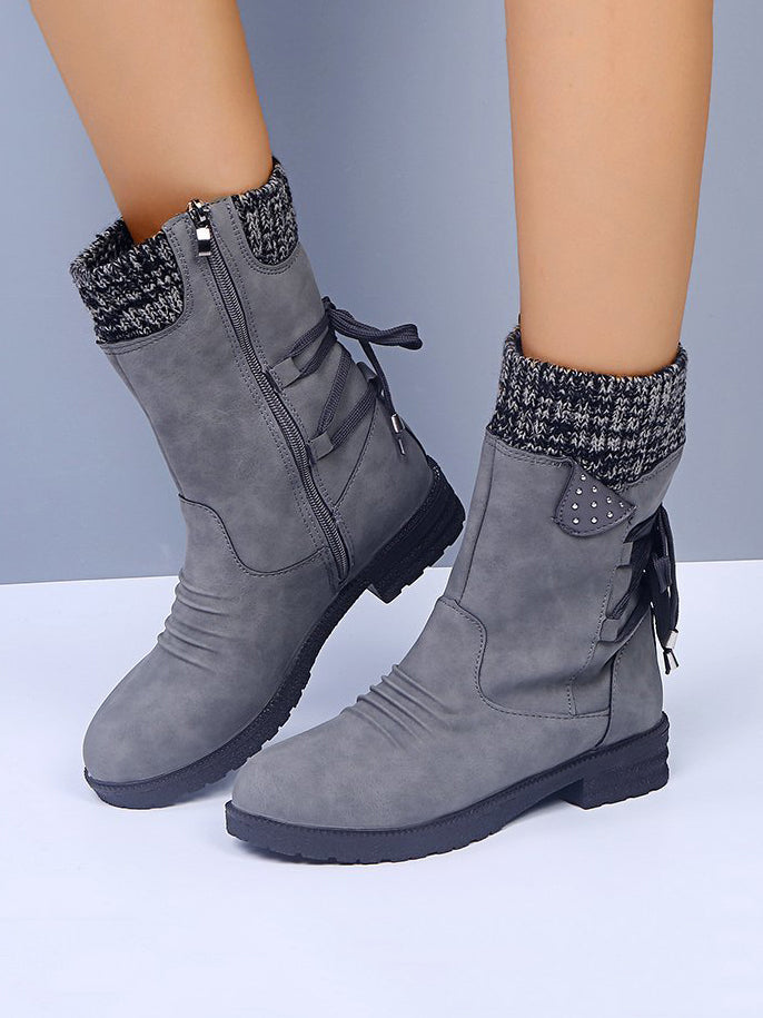 Lace-Up Low Heel Boots with Side Zip