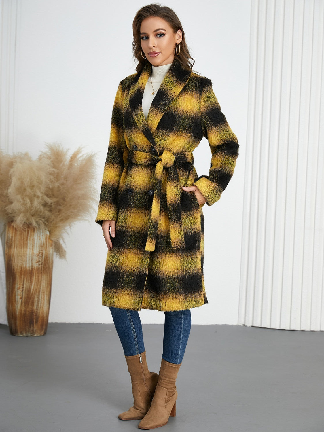 Plaid Tie Waist Long Sleeve Coat