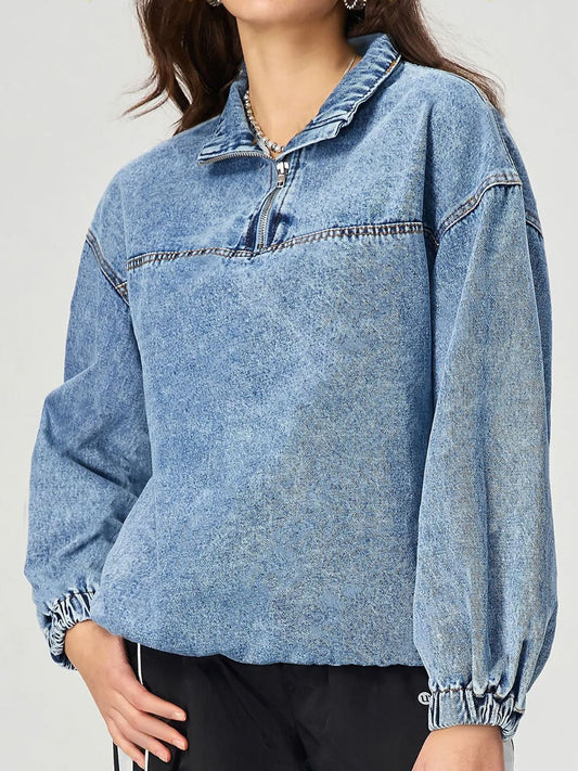 Quarter Zip Collared Neck Denim Top