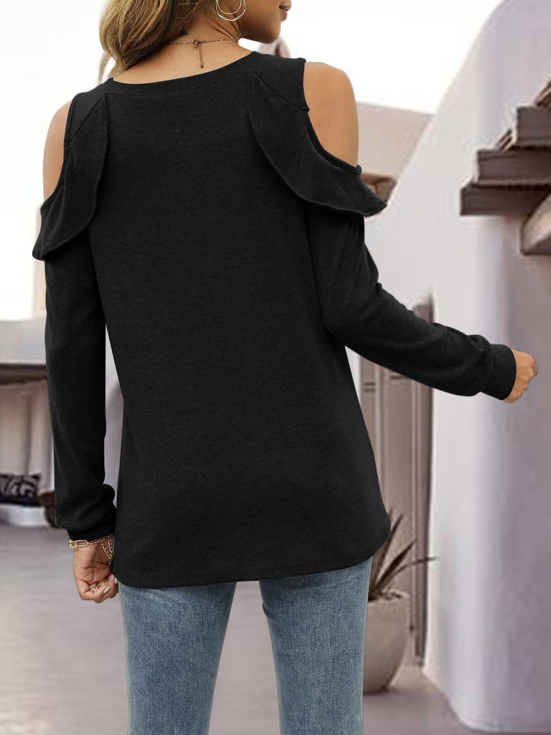 Round Neck Ruffled Cold-Shoulder Blouse