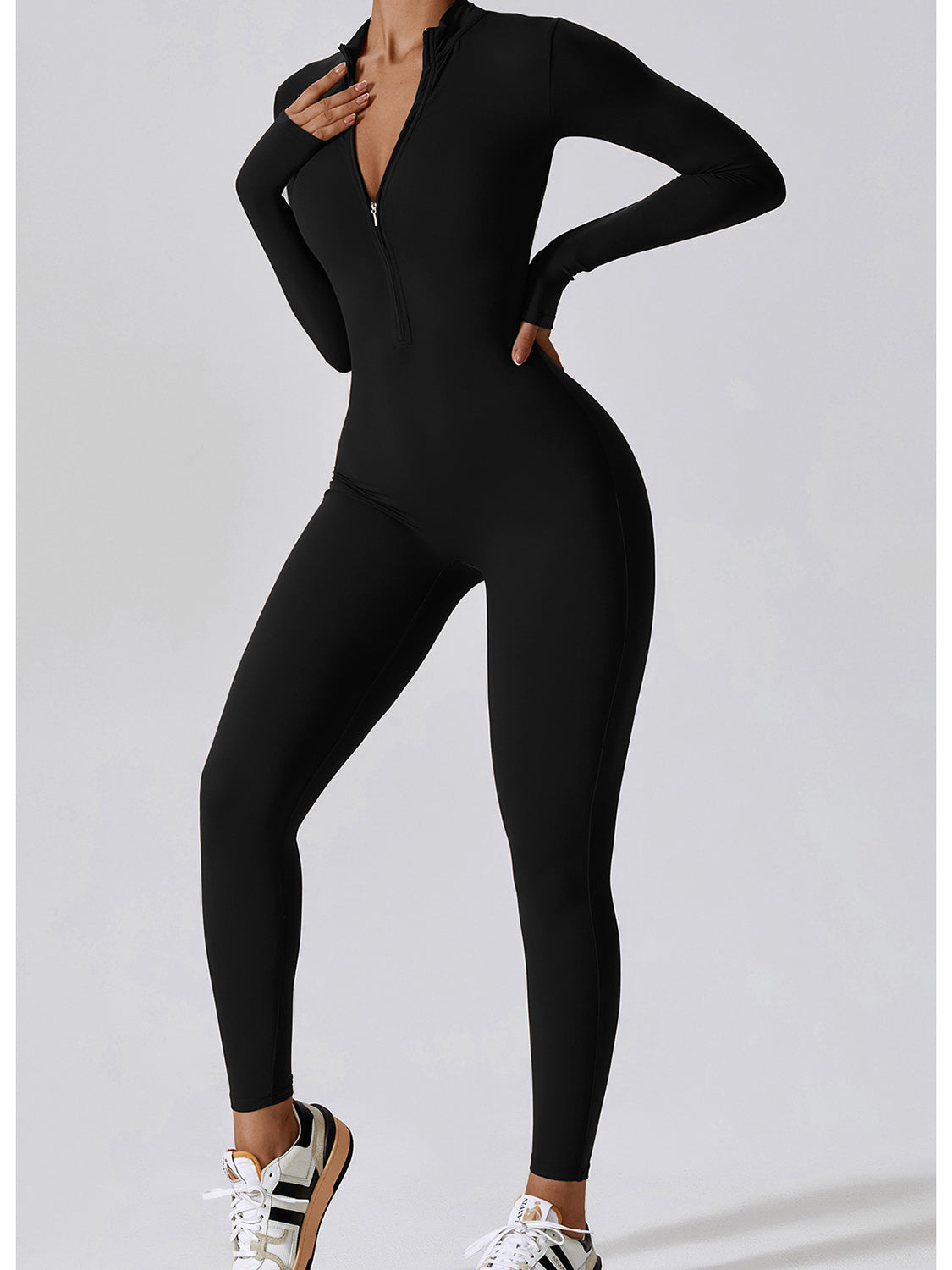 Zip Up Mock Neck Long Sleeve Jumpsuit