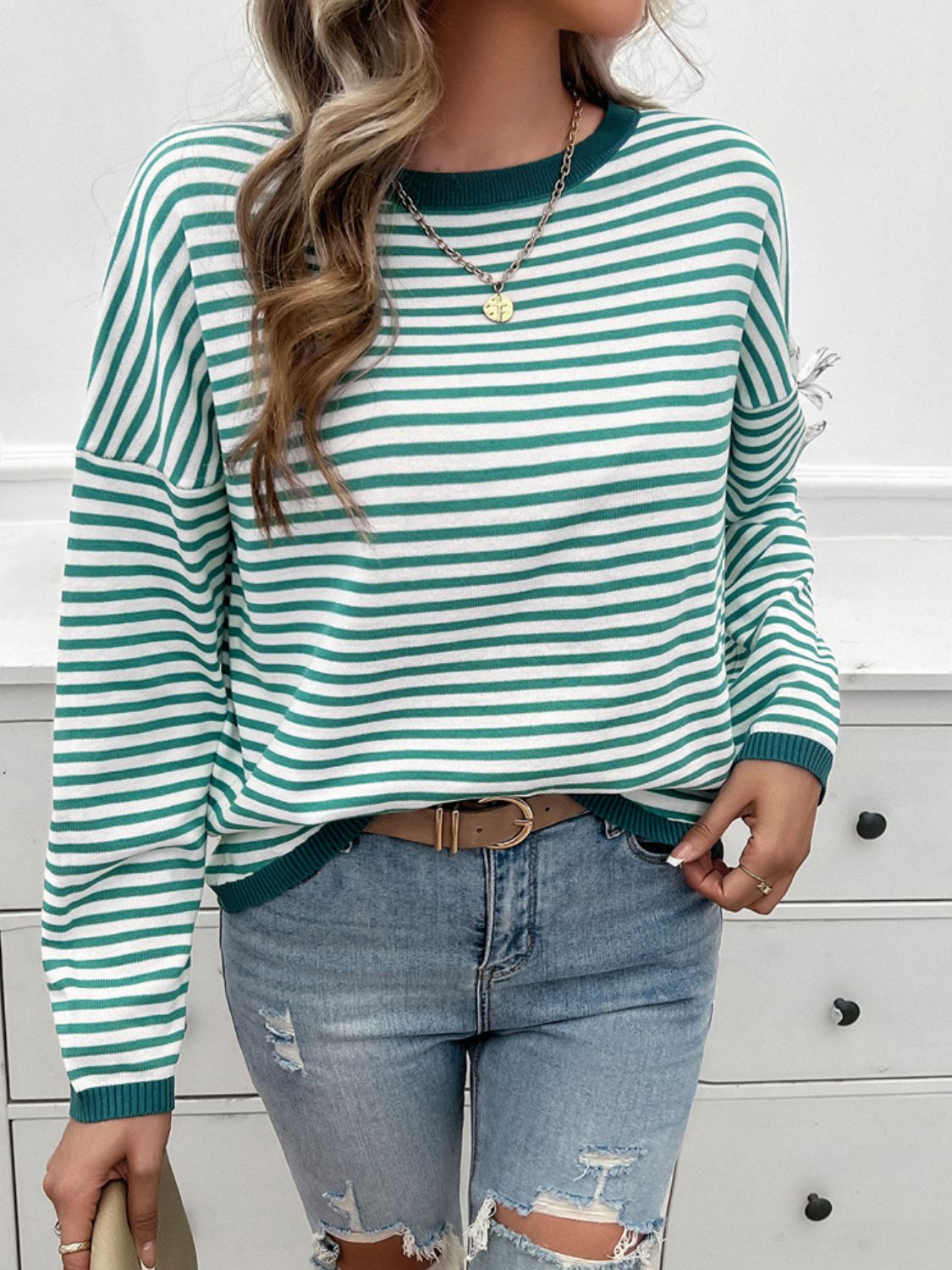 Striped Round Neck Dropped Shoulder Sweater