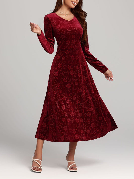 Flower Print V-Neck Long Sleeve Midi Dress