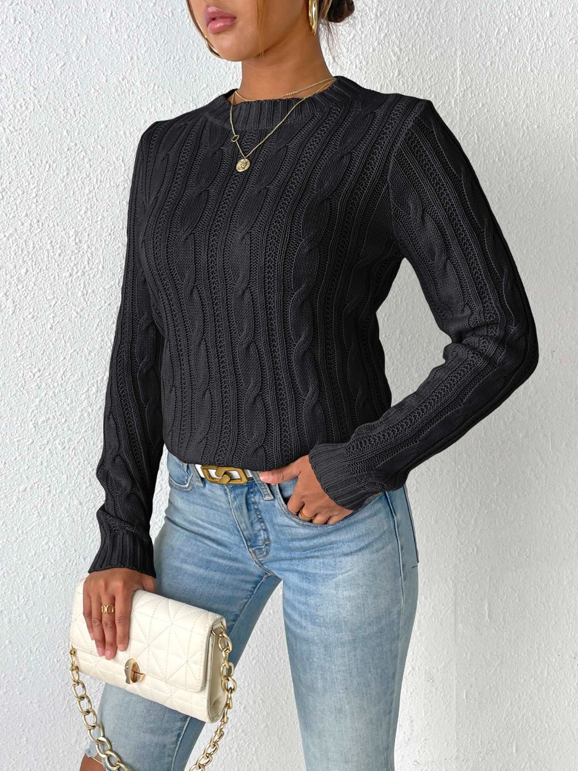 Cable-Knit Round Neck Sweater