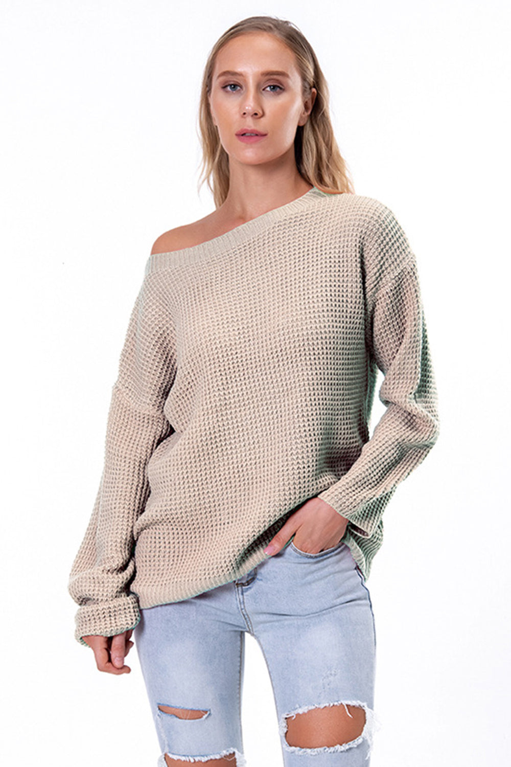 Boat Neck Drop Shoulder Long Sleeve Sweater