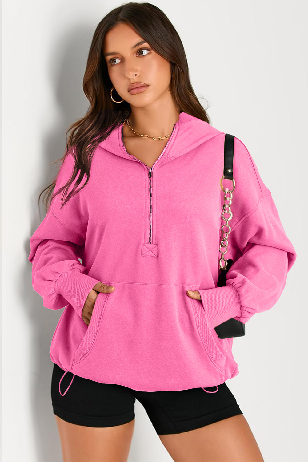 Pocketed Half Zip Long Sleeve Hoodie