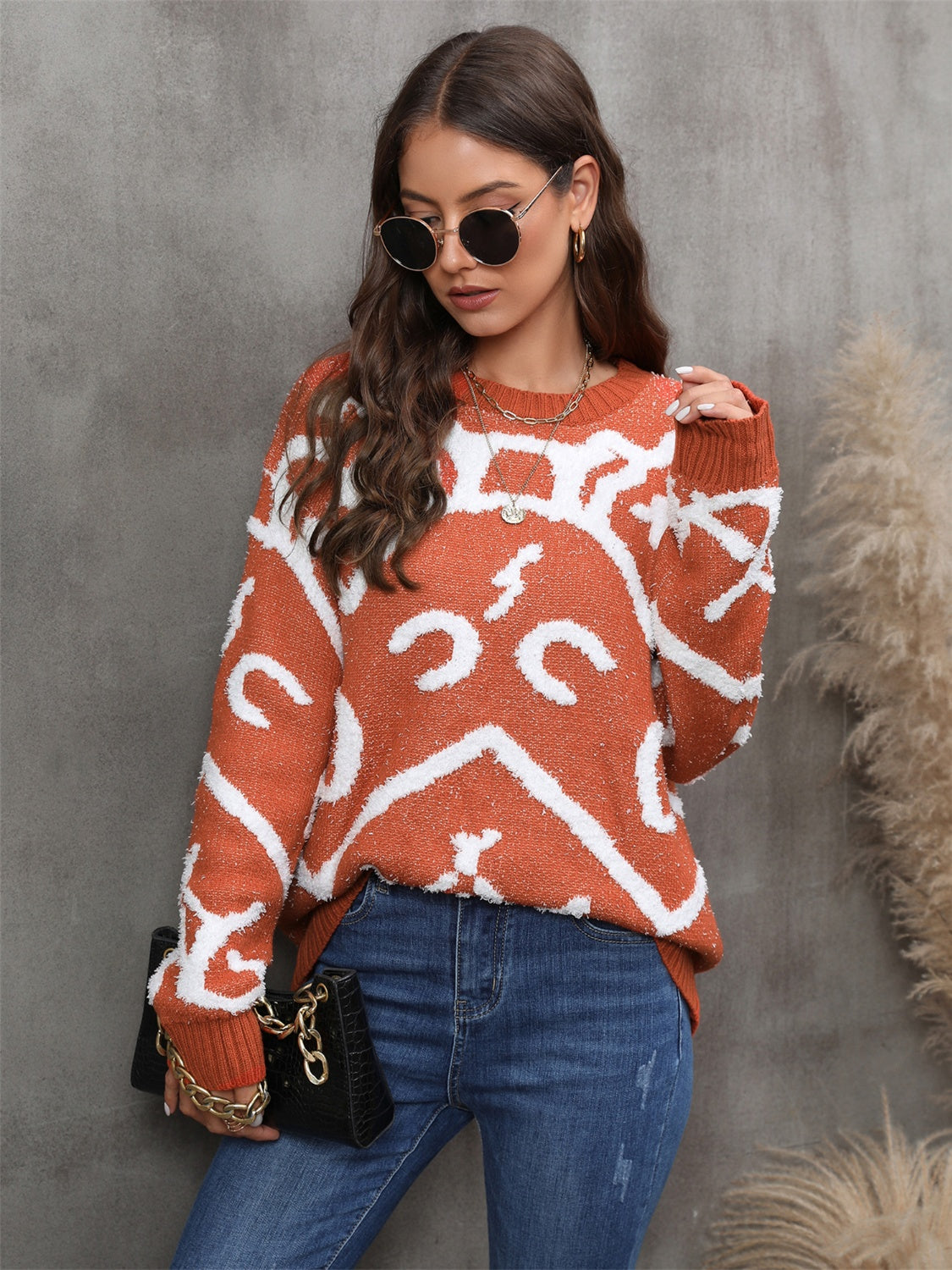 Angel Wings Printed Round Neck Long Sleeve Sweater