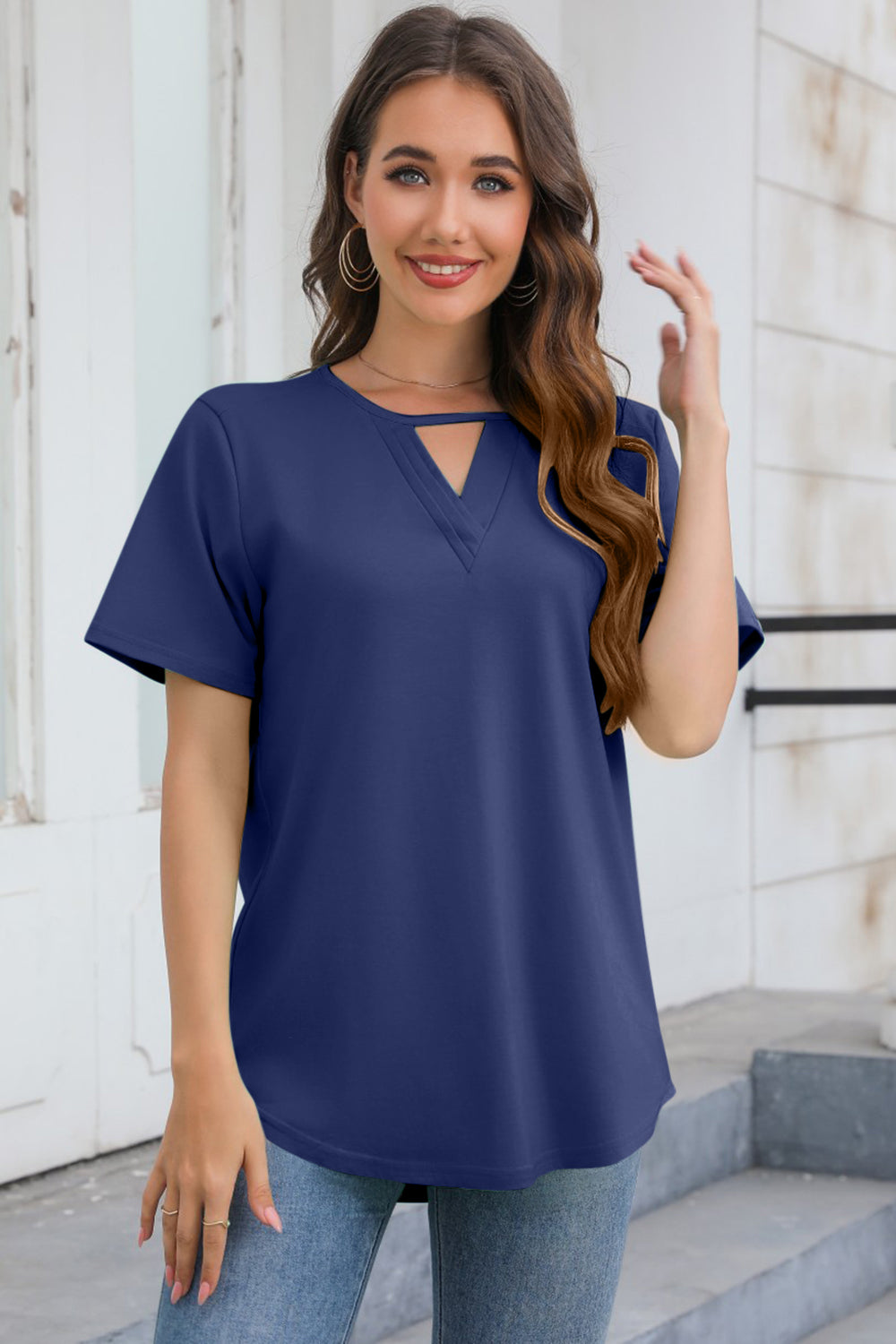 Cutout V-Neck Short Sleeve T-Shirt