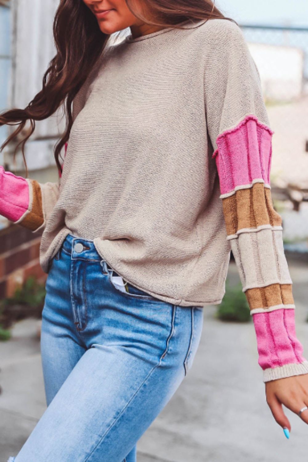 Color Block Round Neck Long Sleeve  Sweater