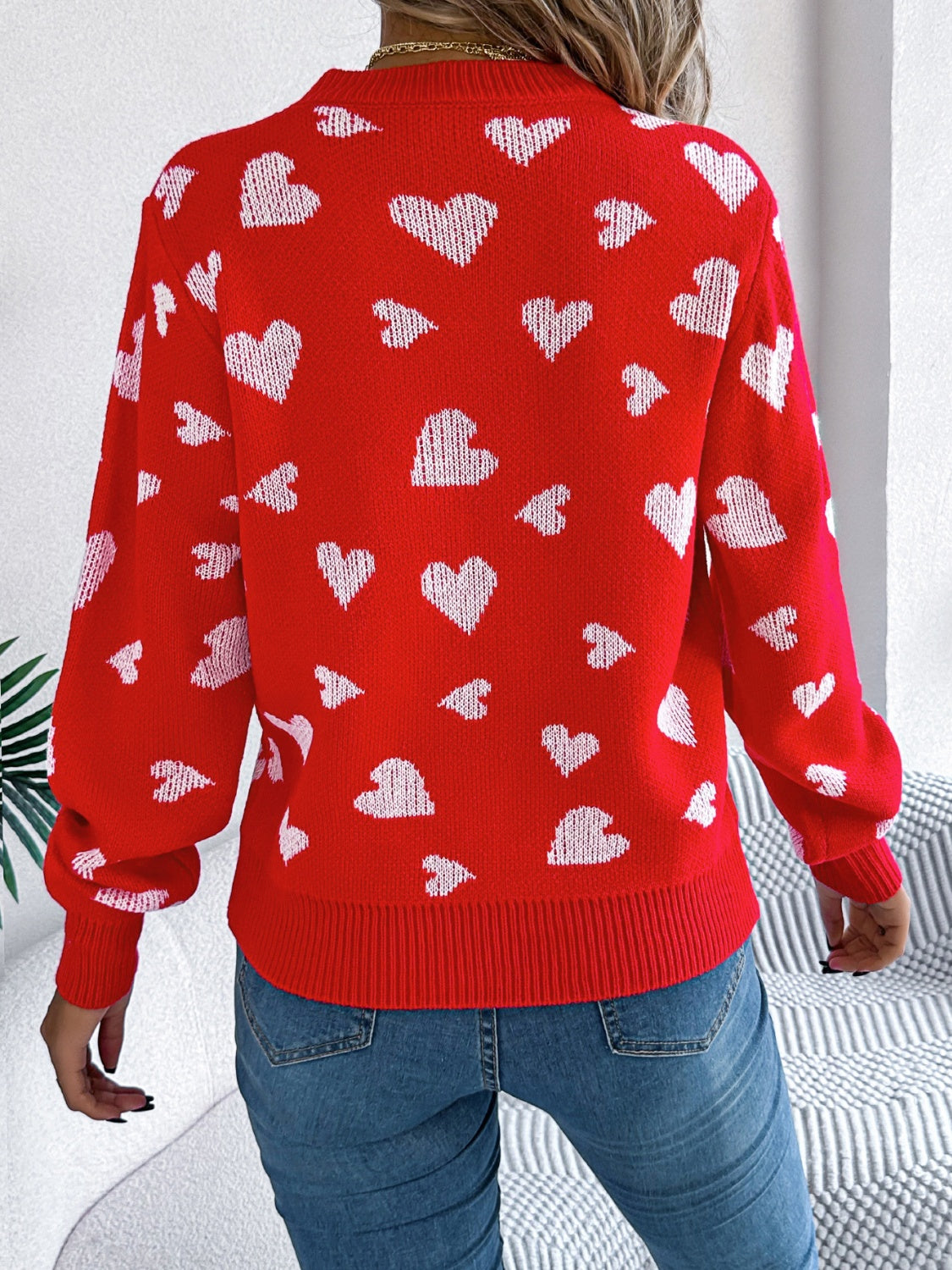 Heart Round Neck Long Sleeve Sweater