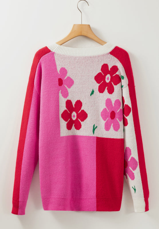 Flower Color Block Round Neck Sweater