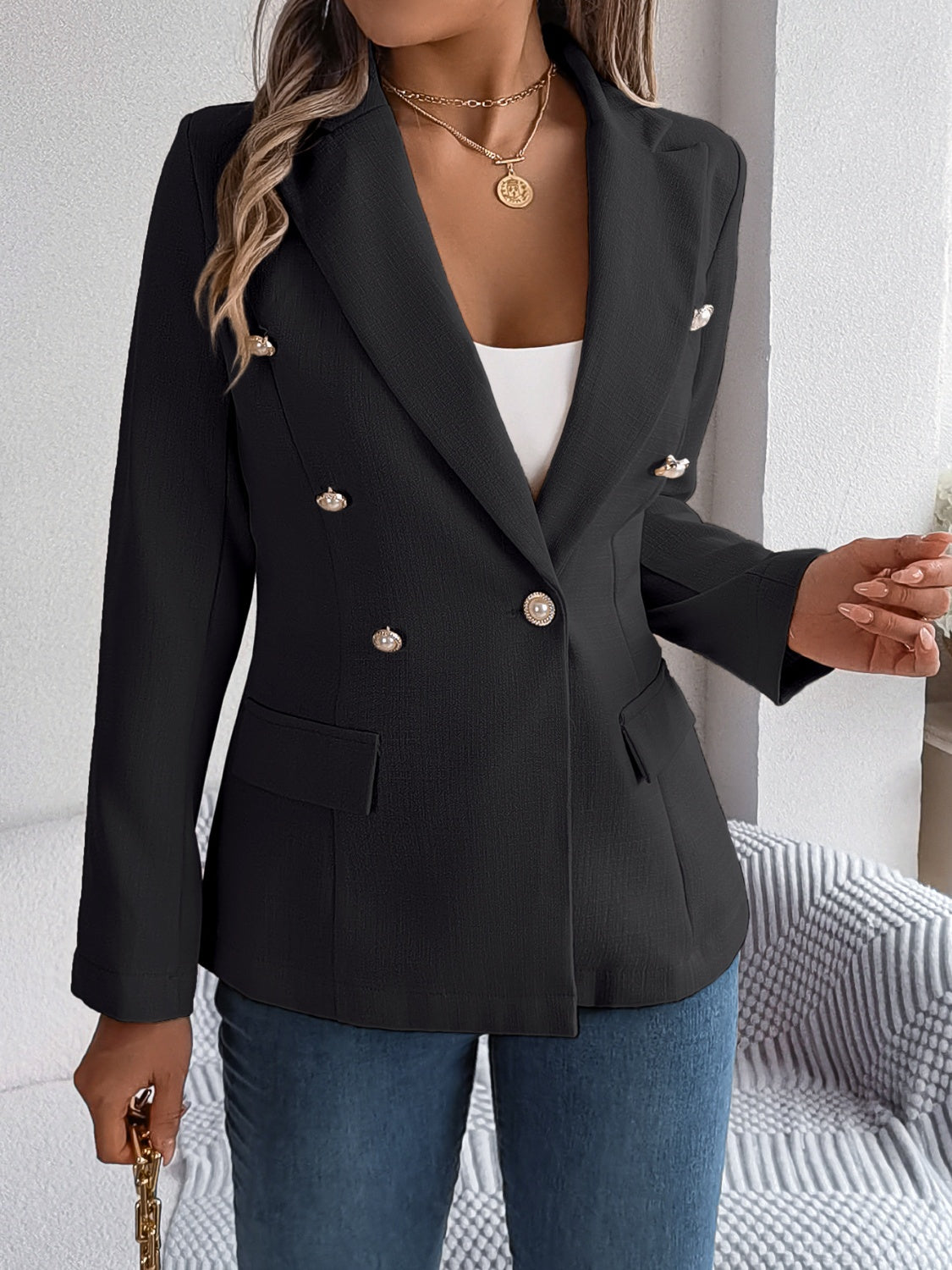 Decorative Pocket Flap Lapel Collar Long Sleeve Blazer