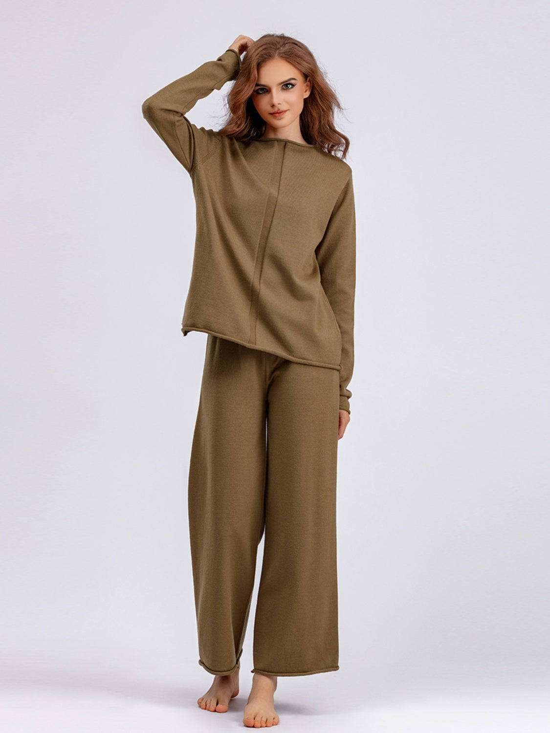 Basic Bae Rolled Round Neck Top and Pants Sweater Set