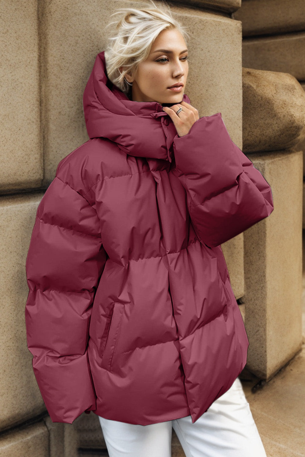 Pocketed Zip Up Hooded Puffer Jacket