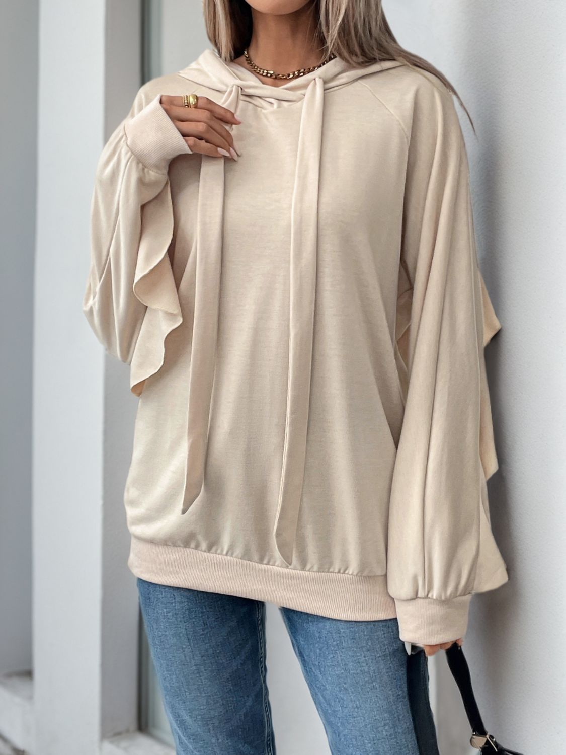 Perfee Drawstring Ruffled Long Sleeve Hoodie