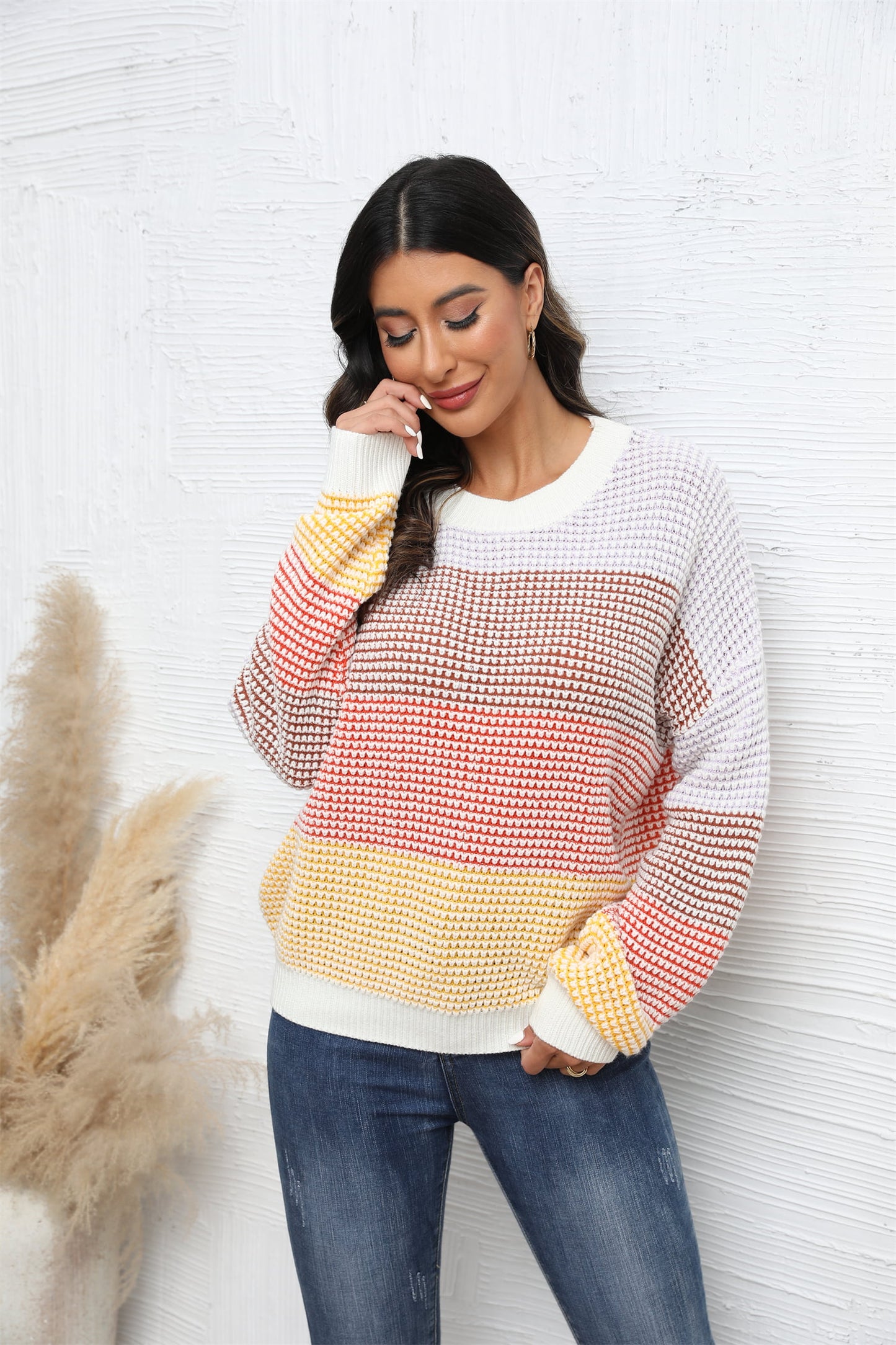 Angel Wings Waffle-Knit Round Neck Dropped Shoulder Color Block Sweater