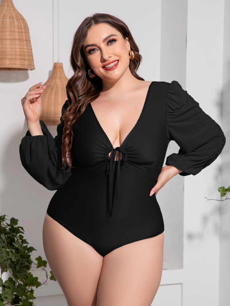 Plus Size Einteiliger Badeanzug mit tiefem V-Ausschnitt und Ballonärmeln