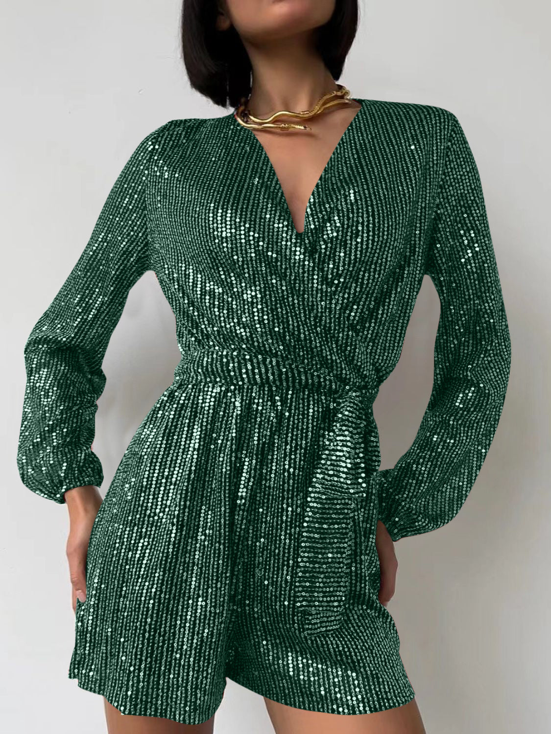 Full Size Sequin Surplice Tie Waist Long Sleeve Romper