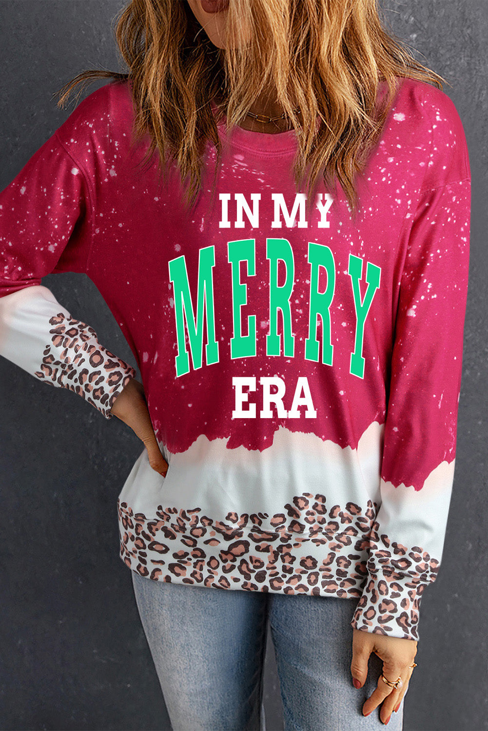 IN MY MERRY ERA Leopard Round Neck Sweatshirt