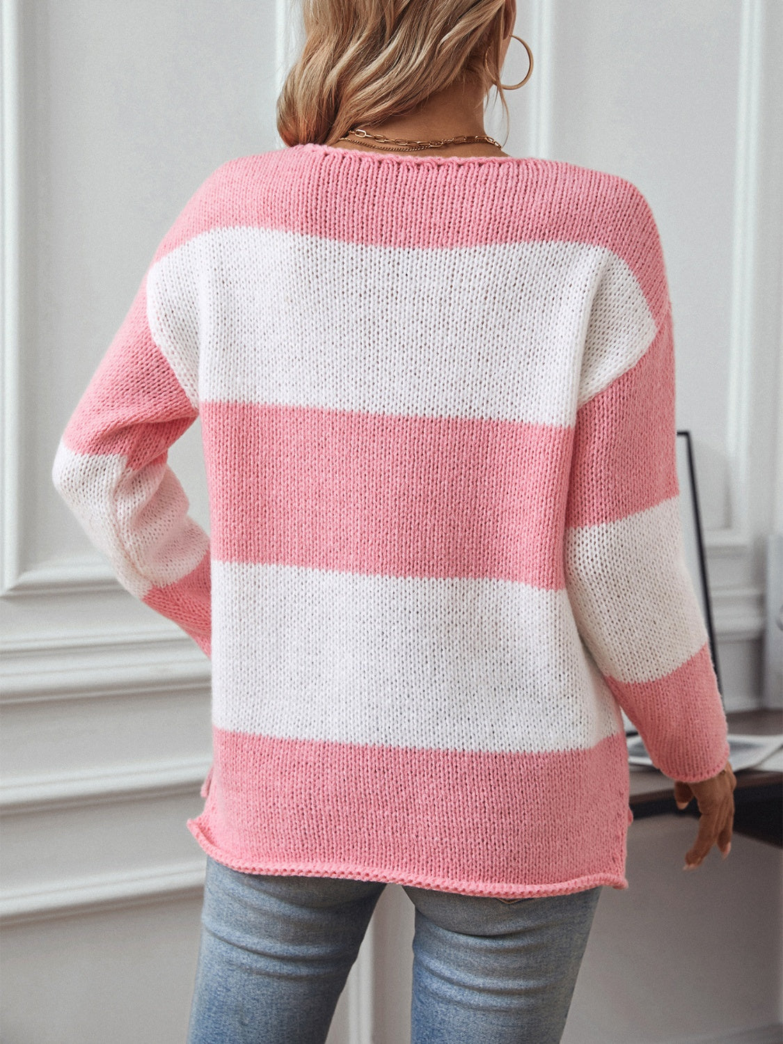 Color Block V-Neck Long Sleeve Sweater