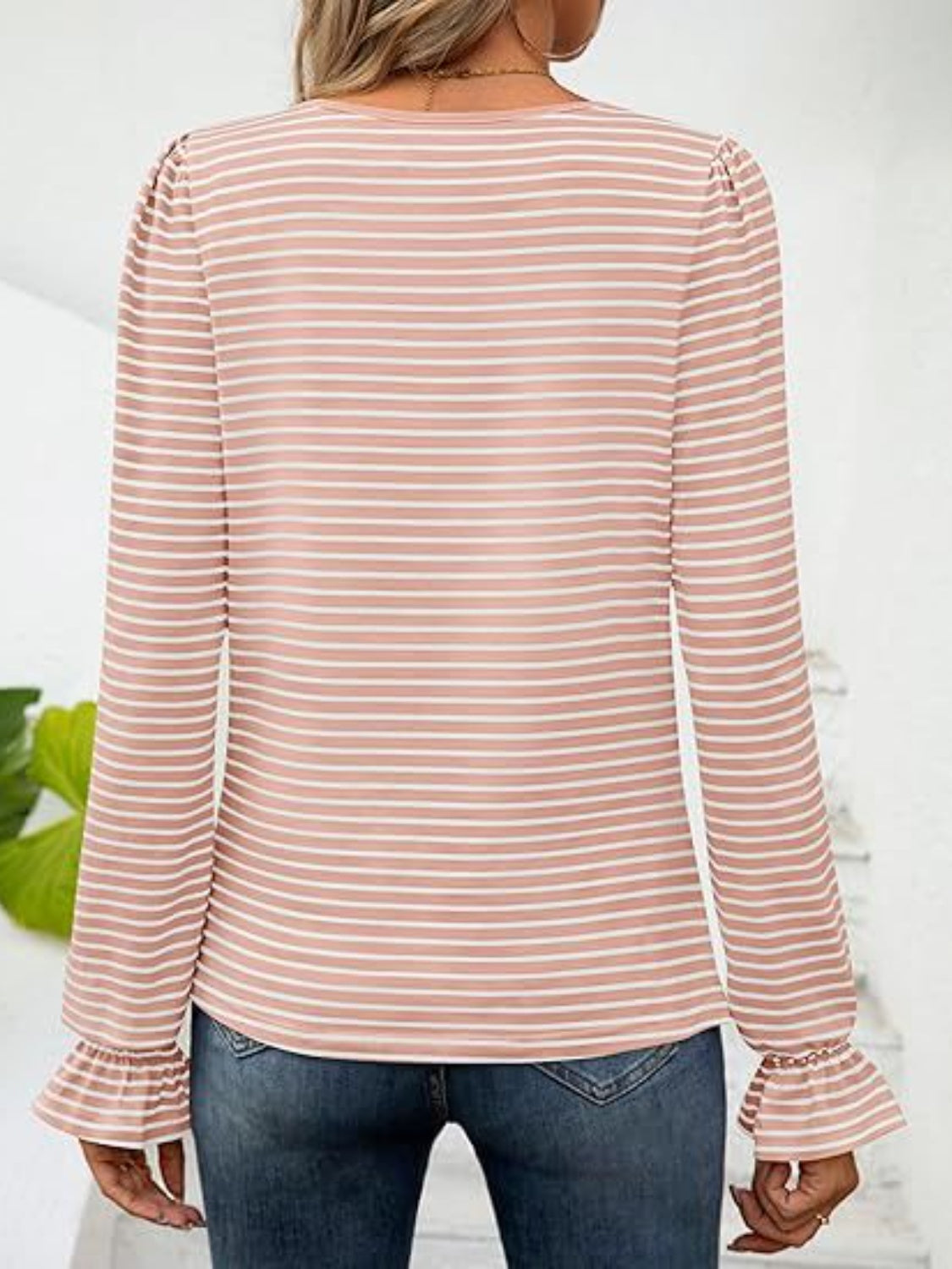 Striped Square Neck Flounce Sleeve Top