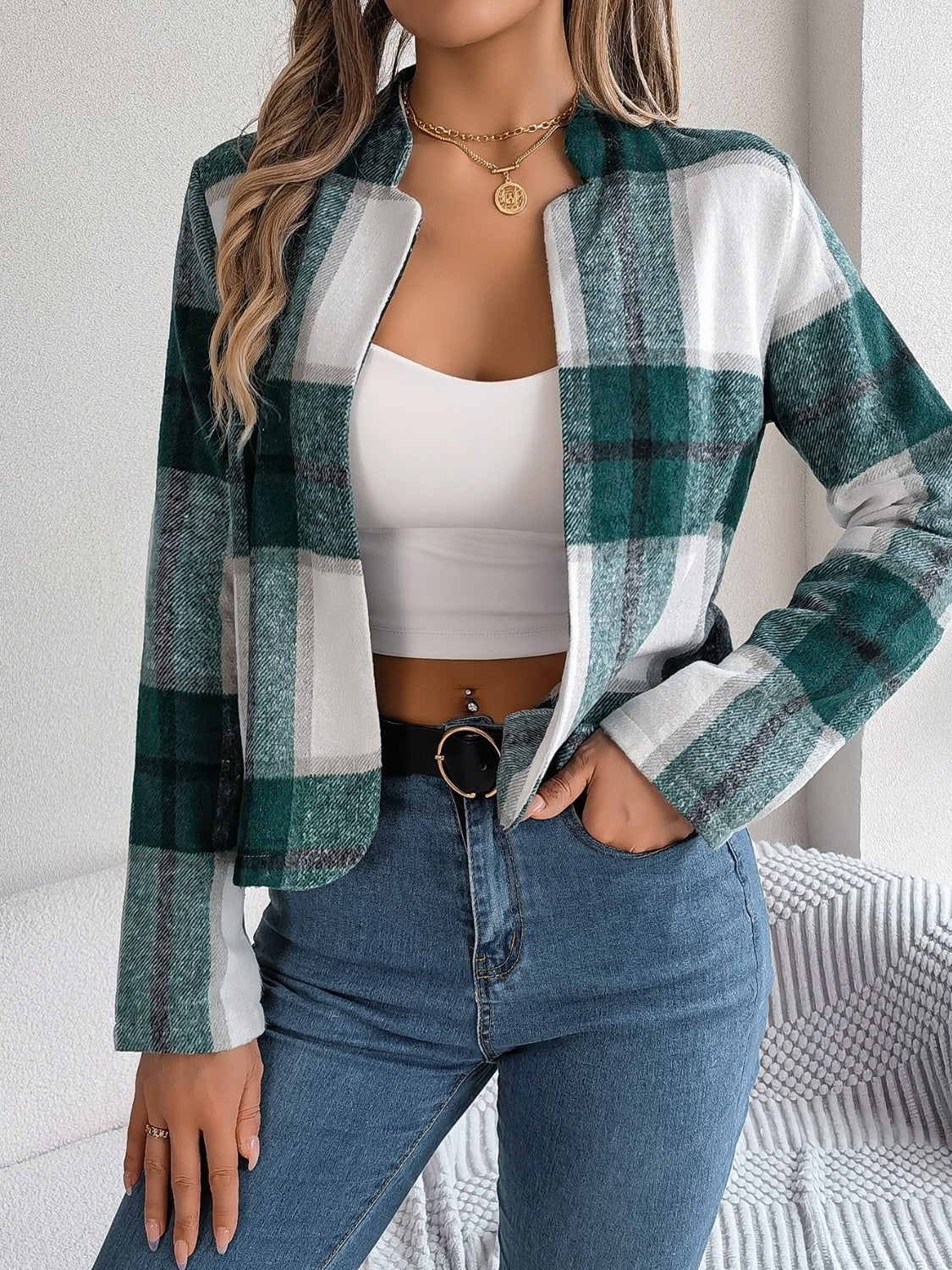 Plaid Open Front Long Sleeve Jacket