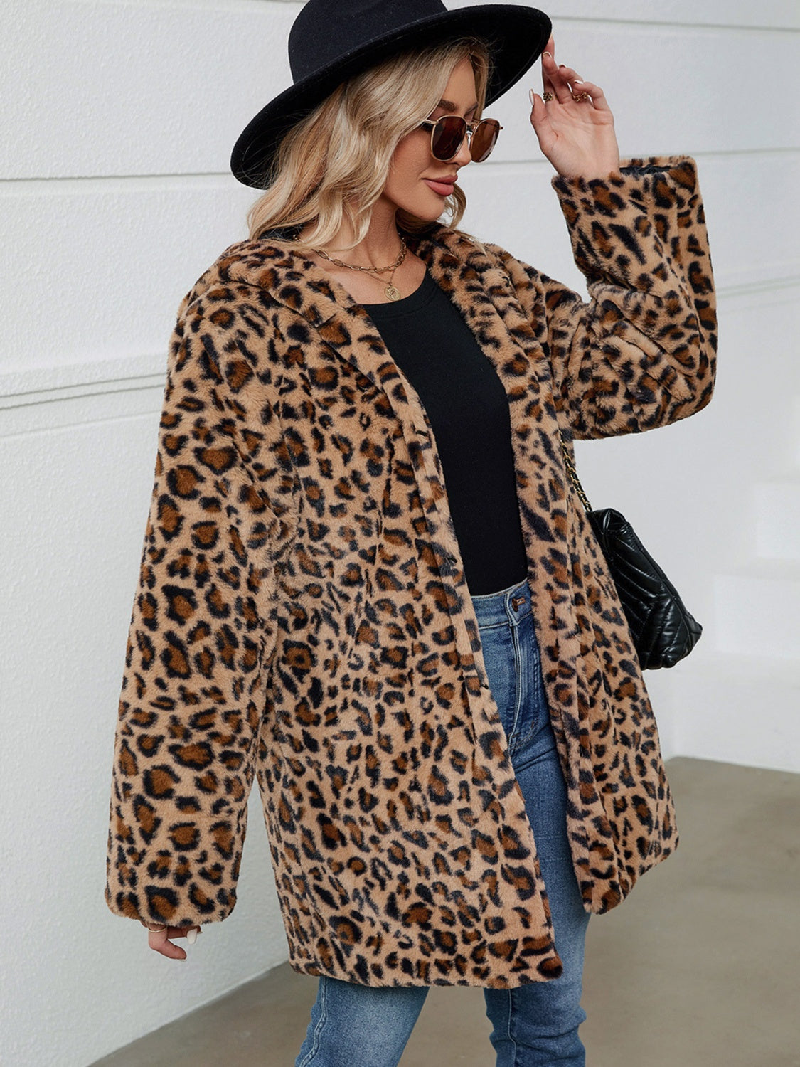 Fuzzy Leopard Hooded Long Sleeve Jacket