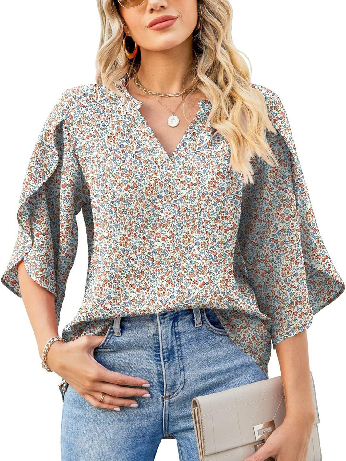 Printed Notched Half Sleeve Blouse