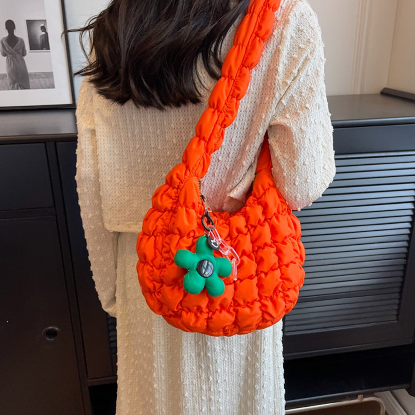 Quilted Shoulder Bag with Flower Pendant