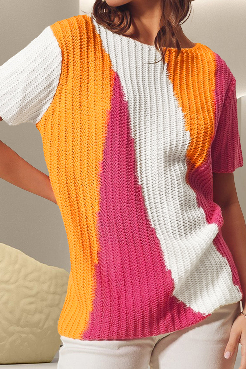 Color Block Round Neck Short Sleeve Knit Top