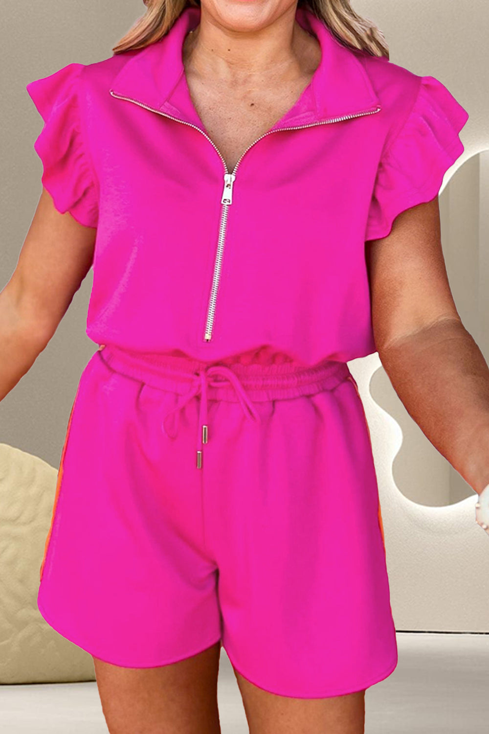 Ruffled Half Zip Cap Sleeve Romper