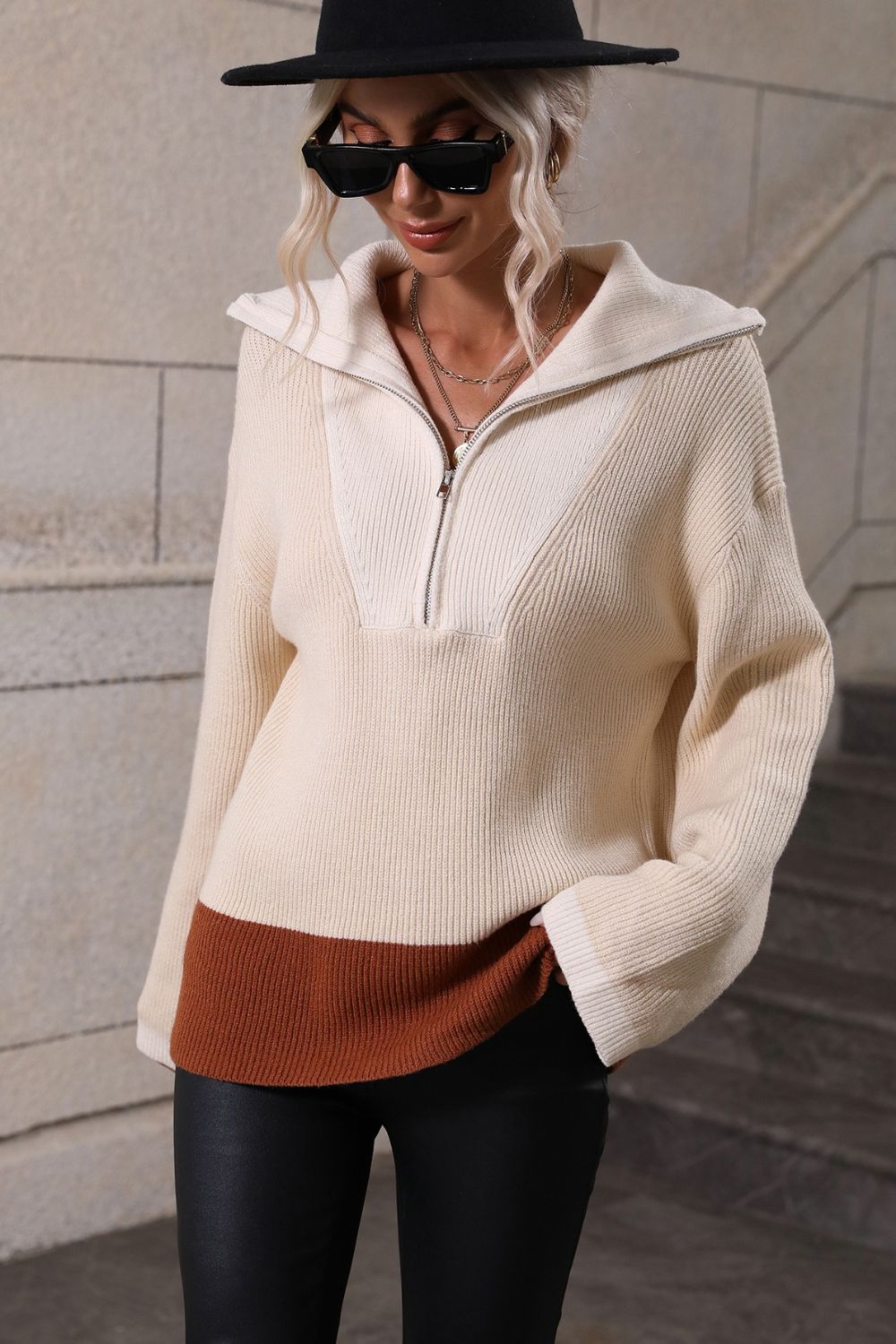 Color Block Half-Zip Dropped Shoulder Knit Pullover