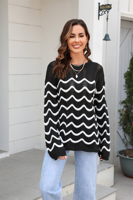 Angel Wings Wave Pattern Round Neck Long Sleeve Sweater