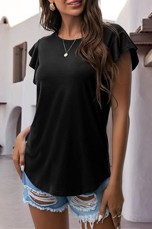 Blusa con manga japonesa y cuello redondo con volantes