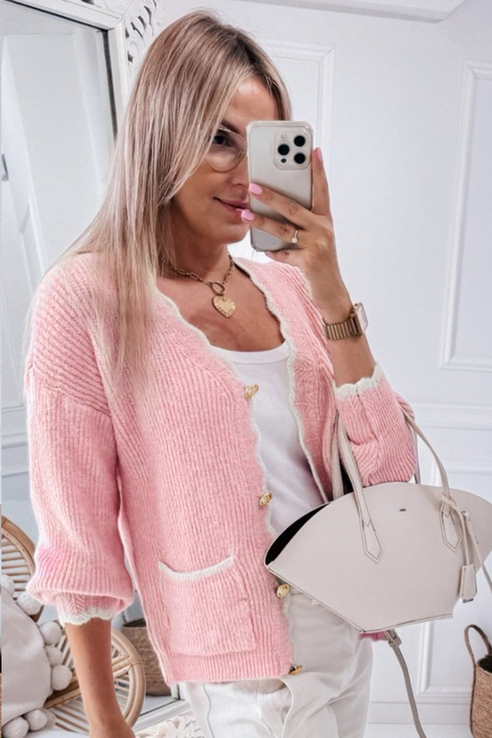 Contrast Trim V-Neck Long Sleeve Cardigan