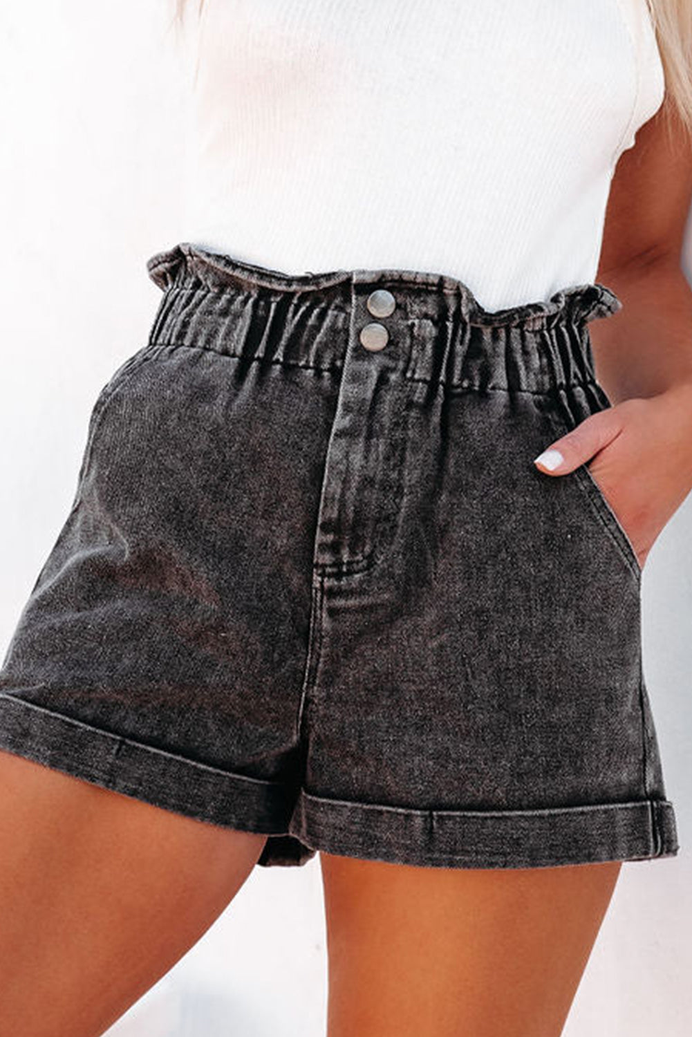 Denim-Shorts mit Paperbag-Taille und Taschen