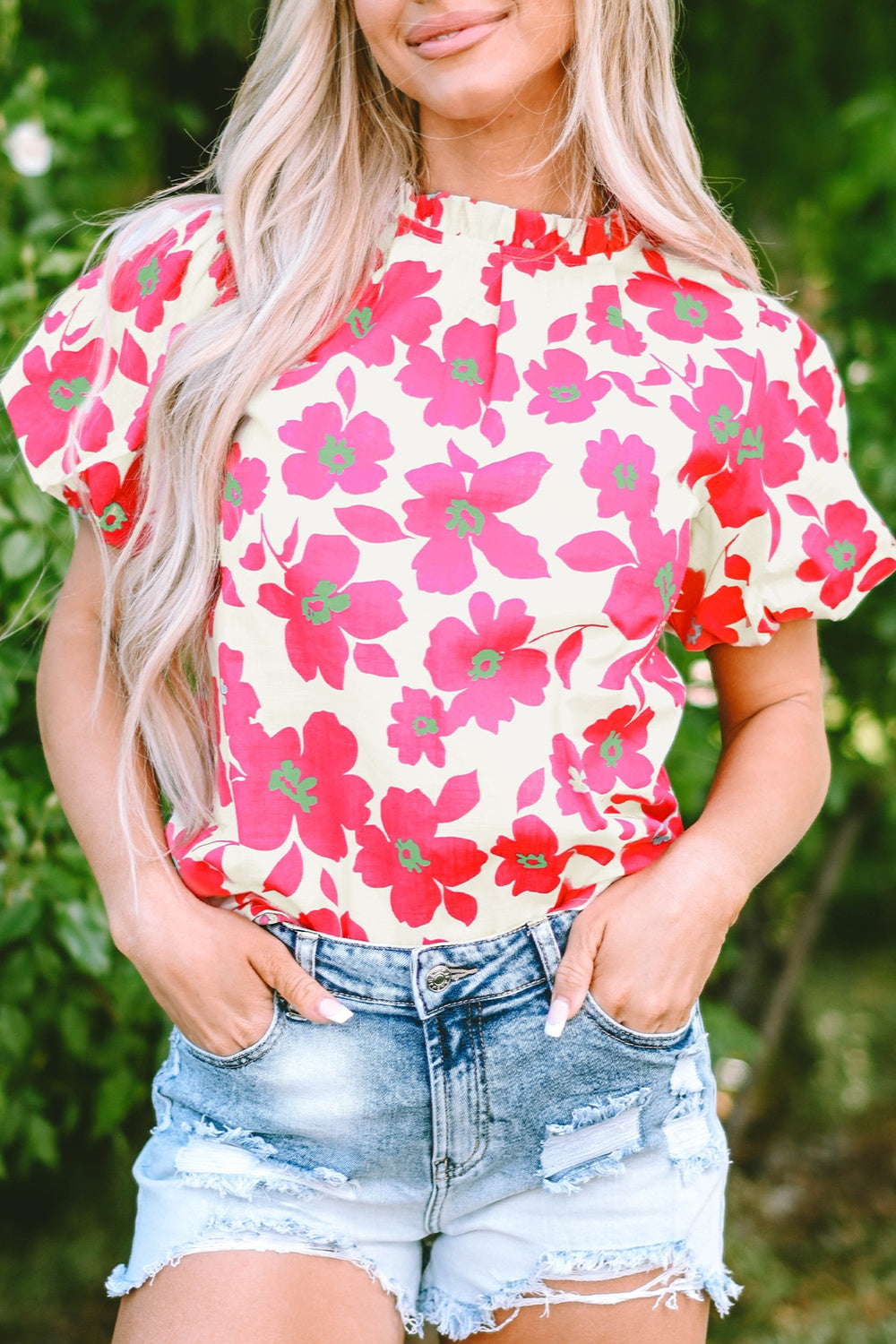 Printed Mock Neck Puff Sleeve Blouse